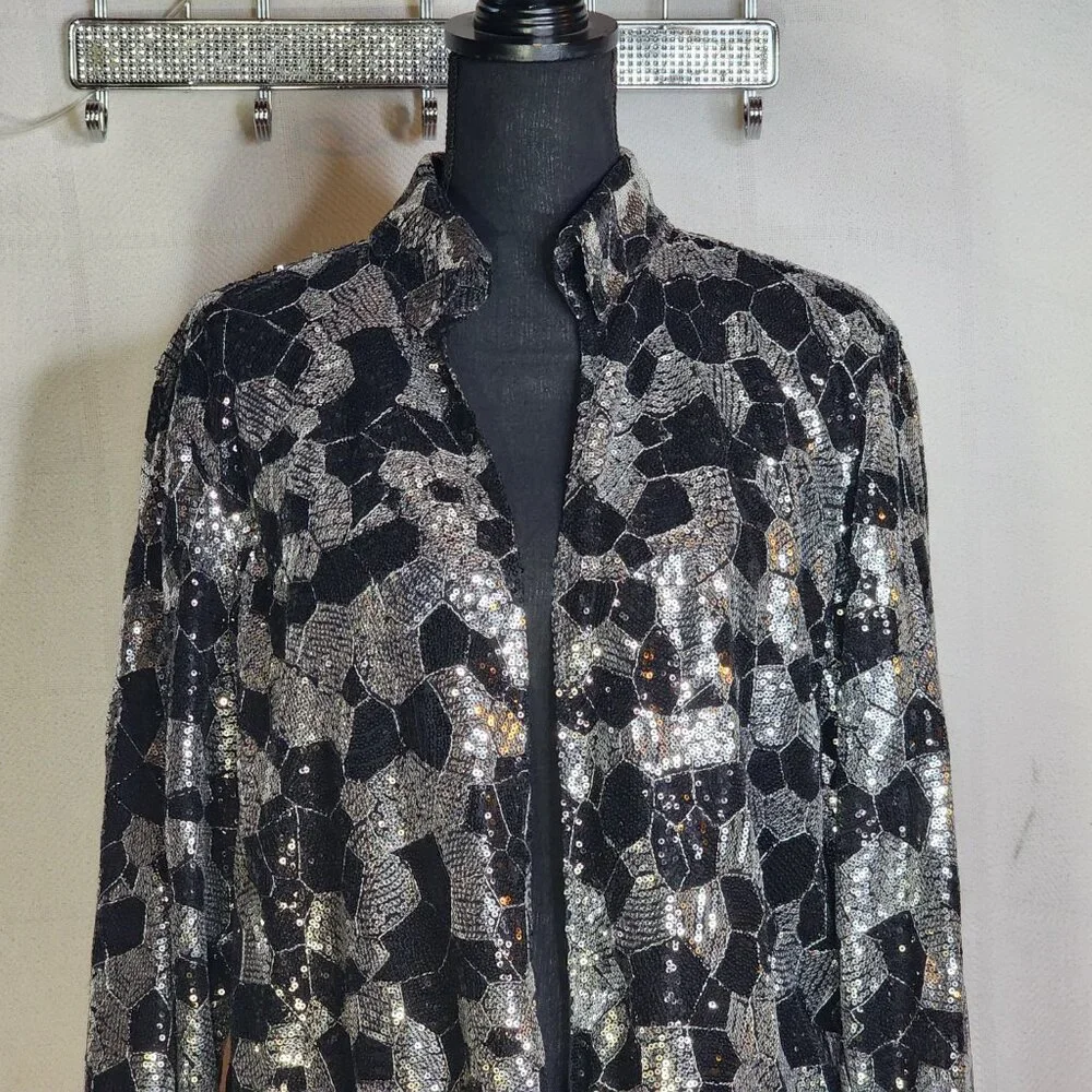 Chico's Black Silver Sequin Twilight Dazzle Tropez Poly Jacket Sz Chico 3 US XL - Picture 3 of 16
